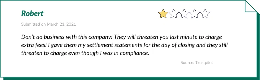 Robert gave Houzeo 1 out of 5 stars:

Don’t do business with this company! They will threaten you last minute to charge extra fees! I gave them my settlement statements for the day of closing and they still threaten to charge even though I was in compliance.